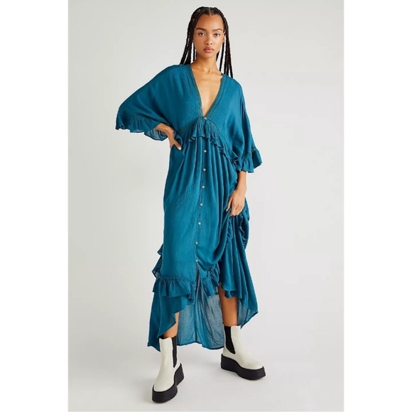 Free People Paradiso Boho Ruffle Lace V-Neck Maxi Dress in Lagoon Sz XS SOLD OUT - Picture 3 of 14